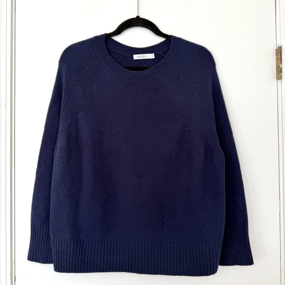 Mersea Navy Blue Merino Wool Cashmere Blend Crew Neck Sweater S/M Side Slits